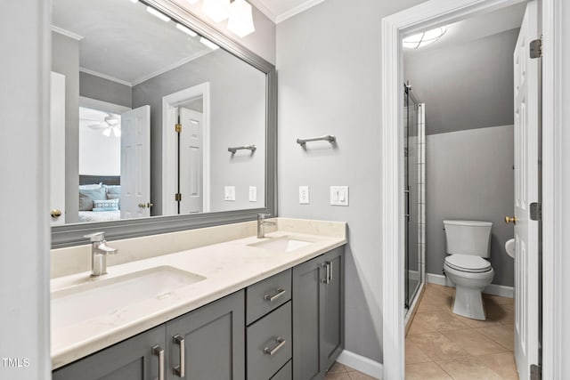100 Beraneak Ln, Cary, NC 27519 - bathroom with crown molding, double vanity, a shower stall, connected bathroom, and a ceiling fan