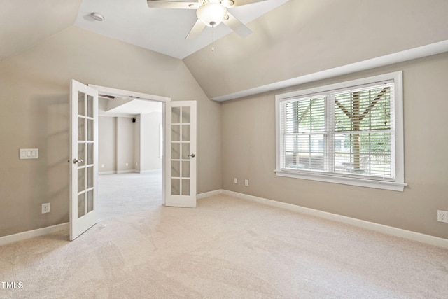 100 Beraneak Ln, Cary, NC 27519 - empty room with french doors, carpet floors, lofted ceiling, ceiling fan, and a smoke detector