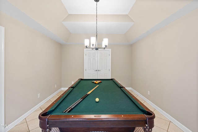 100 Beraneak Ln, Cary, NC 27519 - playroom with light tile patterned flooring, billiards, a chandelier, and lofted ceiling
