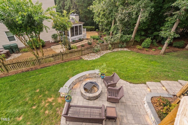 100 Beraneak Ln, Cary, NC 27519 - view of yard with a fire pit, a patio, and a sunroom
