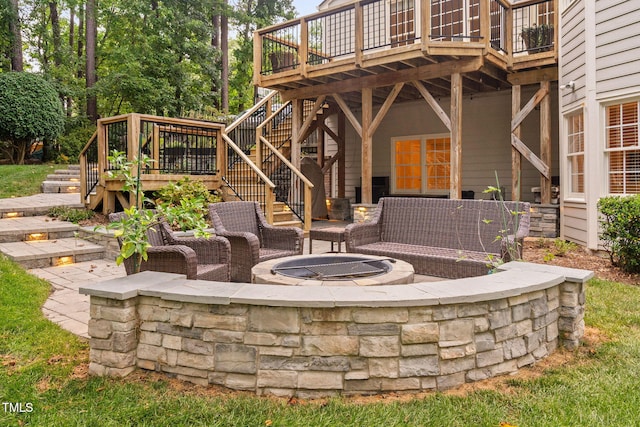 100 Beraneak Ln, Cary, NC 27519 - view of patio featuring a fire pit, stairway, and a deck