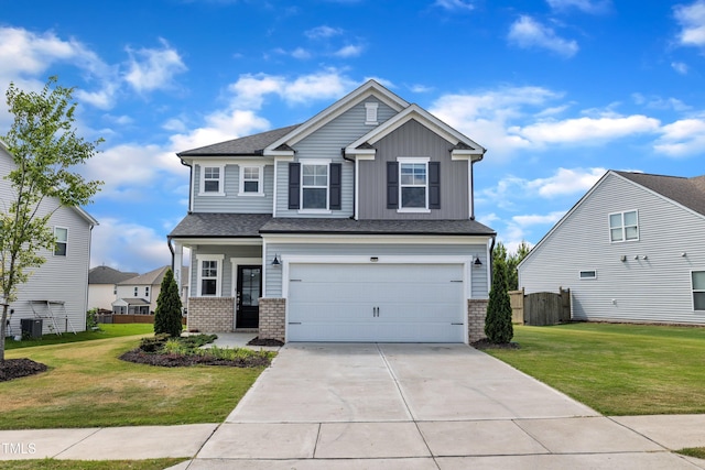 2307 Bethpage Dr, Fuquay Varina, NC 27526 - craftsman-style house with driveway, board and batten siding, an attached garage, and brick siding
