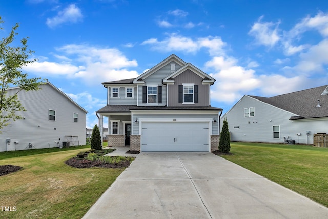 2307 Bethpage Dr, Fuquay Varina, NC 27526 - craftsman-style home with brick siding, driveway, board and batten siding, a front yard, and an attached garage
