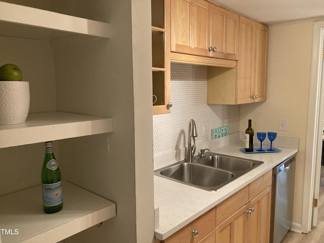 3082 Colony Rd Unit A, Durham, NC 27705 - kitchen with dishwasher, light countertops, light brown cabinetry, and decorative backsplash