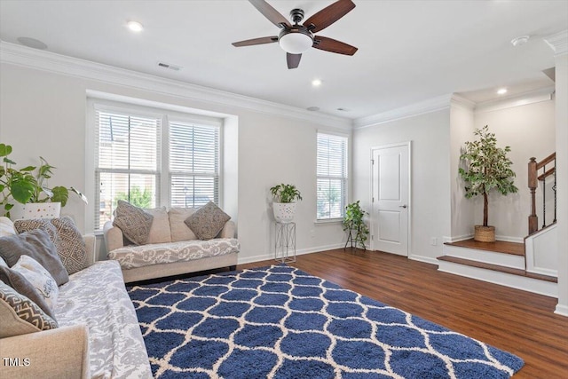 1035 Brownsmith Dr, Apex, NC 27502 - living room with wood finished floors, stairway, ornamental molding, a ceiling fan, and recessed lighting