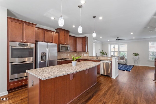 1035 Brownsmith Dr, Apex, NC 27502 - kitchen with appliances with stainless steel finishes, a peninsula, dark wood-type flooring, a center island, and open floor plan