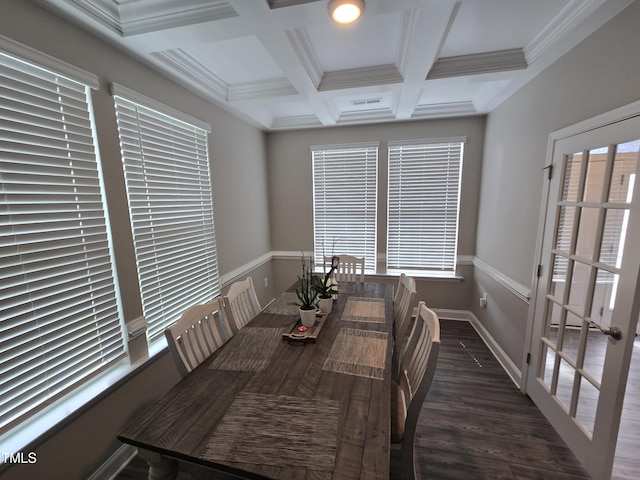 808 Heartpine Dr, Mebane, NC 27302 - dining room with coffered ceiling, beamed ceiling, wood finished floors, and ornamental molding