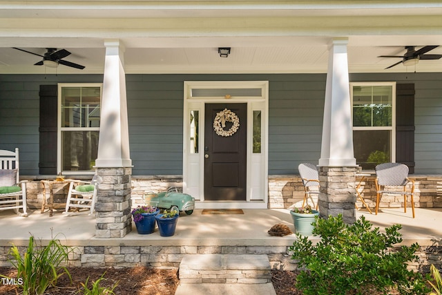121 Roundrock Ln, Sanford, NC 27330 - view of exterior entry featuring covered porch and ceiling fan