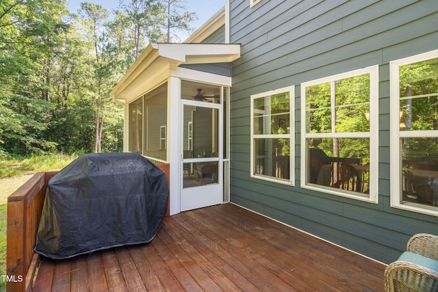 121 Roundrock Ln, Sanford, NC 27330 - wooden terrace featuring area for grilling and a sunroom