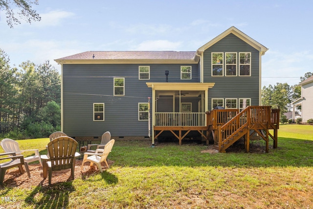 121 Roundrock Ln, Sanford, NC 27330 - back of house with crawl space, a deck, a lawn, a sunroom, and stairs
