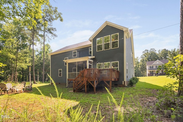 121 Roundrock Ln, Sanford, NC 27330 - back of property featuring crawl space, a sunroom, stairs, a lawn, and a wooden deck