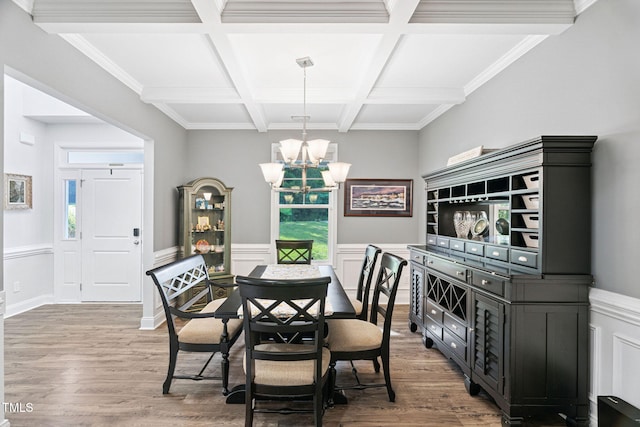 121 Roundrock Ln, Sanford, NC 27330 - dining room with wood finished floors, a chandelier, coffered ceiling, beam ceiling, and plenty of natural light