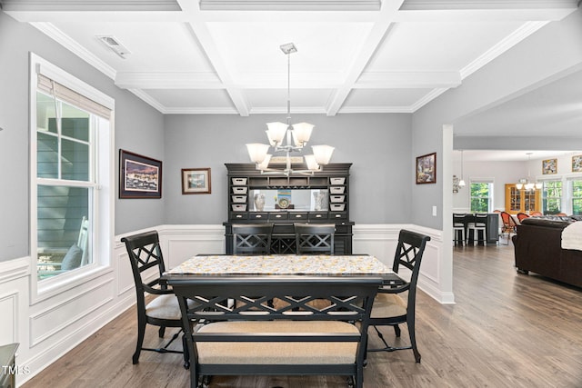 121 Roundrock Ln, Sanford, NC 27330 - dining room with a chandelier, wood finished floors, coffered ceiling, wainscoting, and beamed ceiling