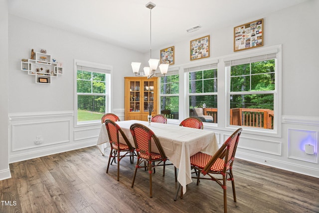 121 Roundrock Ln, Sanford, NC 27330 - dining room featuring wood finished floors, a wainscoted wall, a decorative wall, and a chandelier