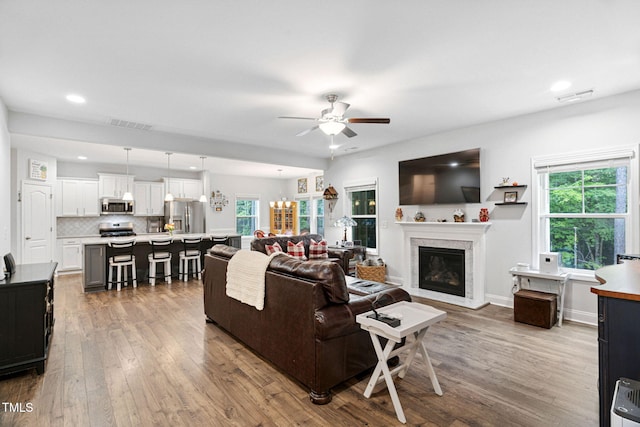 121 Roundrock Ln, Sanford, NC 27330 - living area with healthy amount of natural light, ceiling fan, hardwood / wood-style floors, recessed lighting, and a glass covered fireplace