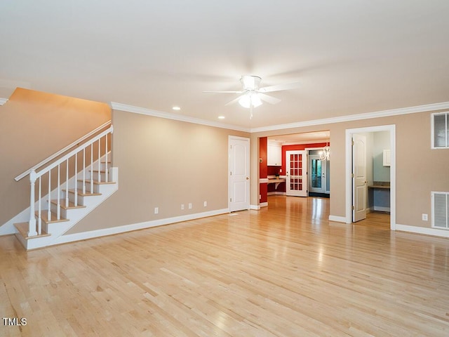 6843 Sawyer Rd, Liberty, NC 27298 - unfurnished living room with light wood-style flooring, stairs, crown molding, a ceiling fan, and recessed lighting