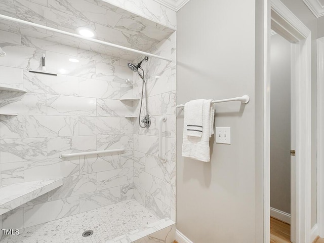 6843 Sawyer Rd, Liberty, NC 27298 - bathroom featuring a tile shower and crown molding