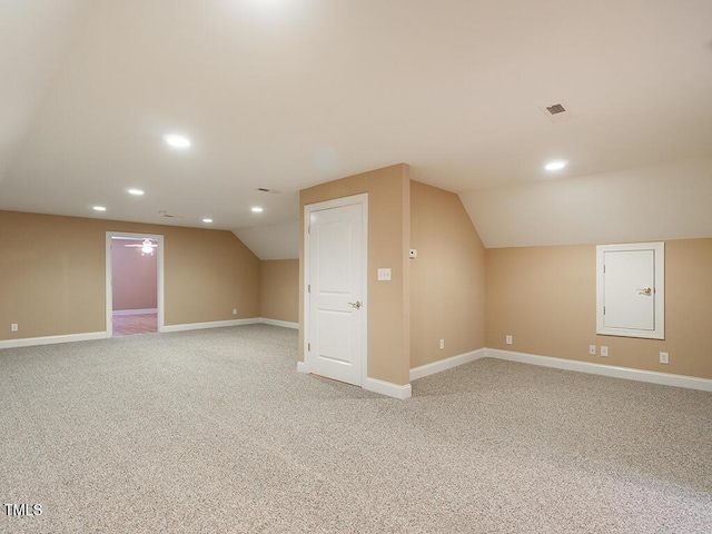 6843 Sawyer Rd, Liberty, NC 27298 - bonus room featuring lofted ceiling, light colored carpet, recessed lighting, and a ceiling fan