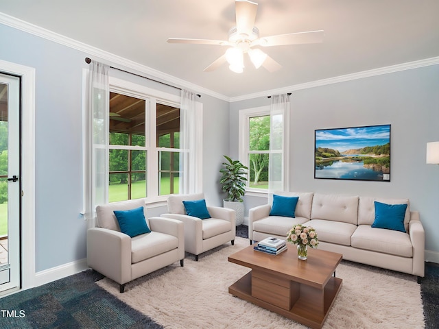 6843 Sawyer Rd, Liberty, NC 27298 - carpeted living room featuring crown molding and ceiling fan