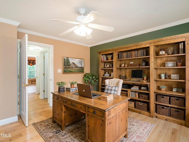 6843 Sawyer Rd, Liberty, NC 27298 - office featuring light wood-style flooring, crown molding, and a ceiling fan