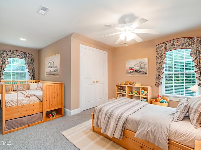 6843 Sawyer Rd, Liberty, NC 27298 - bedroom with carpet floors, a ceiling fan, and recessed lighting