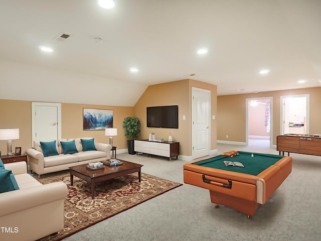 6843 Sawyer Rd, Liberty, NC 27298 - rec room featuring pool table, carpet flooring, recessed lighting, and vaulted ceiling