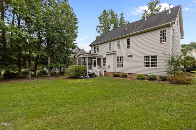 6104 Spicewood Dr, Fuquay Varina, NC 27526 - back of house with a sunroom, a lawn, and crawl space