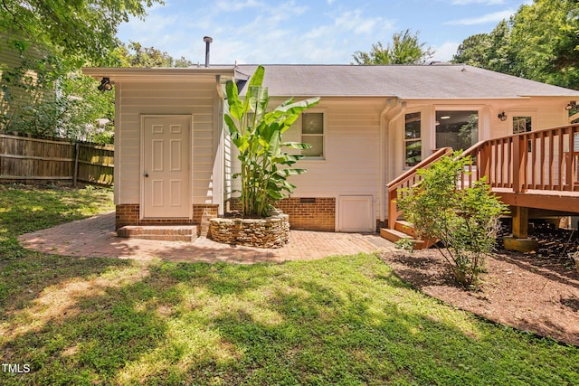 2912 Enson Pl, Raleigh, NC 27603 - back of house featuring a wooden deck, crawl space, and roof with shingles
