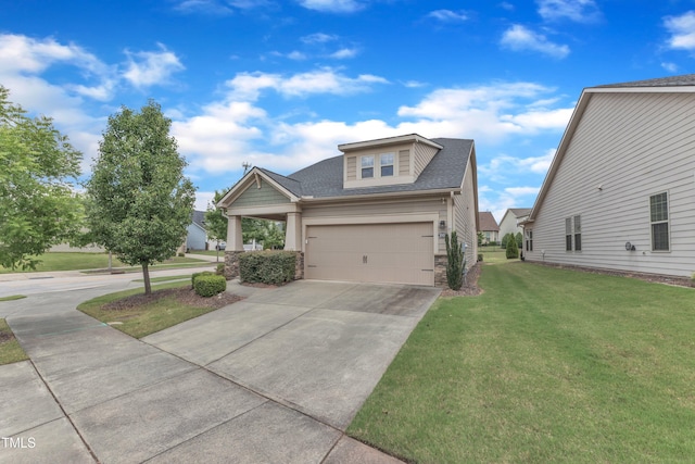 1003 Branwell Dr, Durham, NC 27703 - craftsman-style house with concrete driveway, a front lawn, stone siding, a shingled roof, and a garage