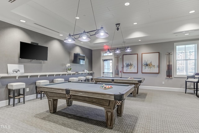 1003 Branwell Dr, Durham, NC 27703 - rec room featuring light colored carpet, pool table, recessed lighting, and crown molding