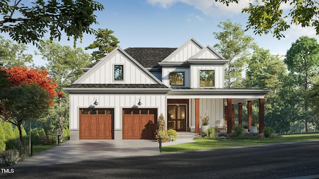 86500 Holmes, Chapel Hill, NC 27517 - modern inspired farmhouse with board and batten siding, a porch, driveway, and a shingled roof
