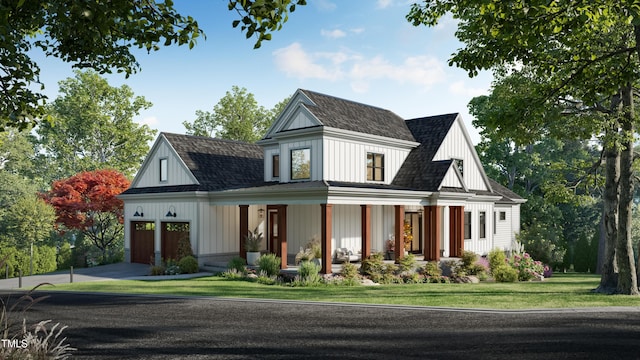 86500 Holmes, Chapel Hill, NC 27517 - modern inspired farmhouse with covered porch, driveway, a front yard, roof with shingles, and board and batten siding