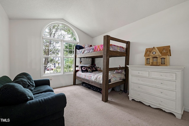405 E Maple Ave, Holly Springs, NC 27540 - bedroom with lofted ceiling, light carpet, and a textured ceiling