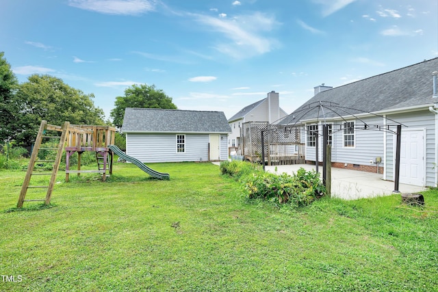 405 E Maple Ave, Holly Springs, NC 27540 - view of grassy yard with a patio, a gazebo, and a playground