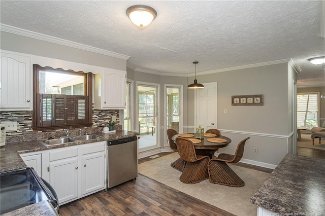 3516 Worley St, Fayetteville, NC 28311 - kitchen with dishwasher, black electric range, dark wood finished floors, dark countertops, and white cabinetry