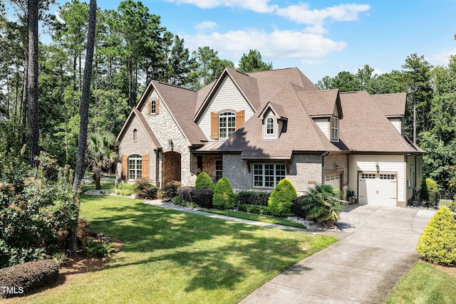 2101 Blue Haven Ct, Wake Forest, NC 27587 - french country style house with stone siding, concrete driveway, a front lawn, a garage, and a shingled roof