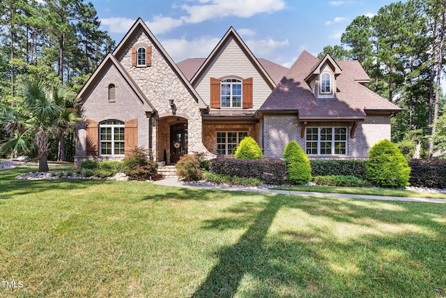 2101 Blue Haven Ct, Wake Forest, NC 27587 - french country inspired facade with a front lawn, brick siding, and stone siding