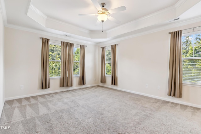 4 Seawell Ct, Durham, NC 27703 - unfurnished room with a raised ceiling, light colored carpet, crown molding, and a ceiling fan