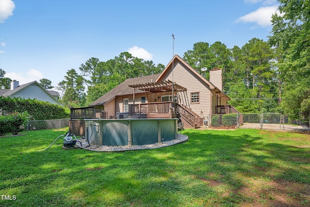 116 Seminole Dr, Louisburg, NC 27549 - rear view of house featuring a pergola, a fenced backyard, a chimney, stairway, and a gate