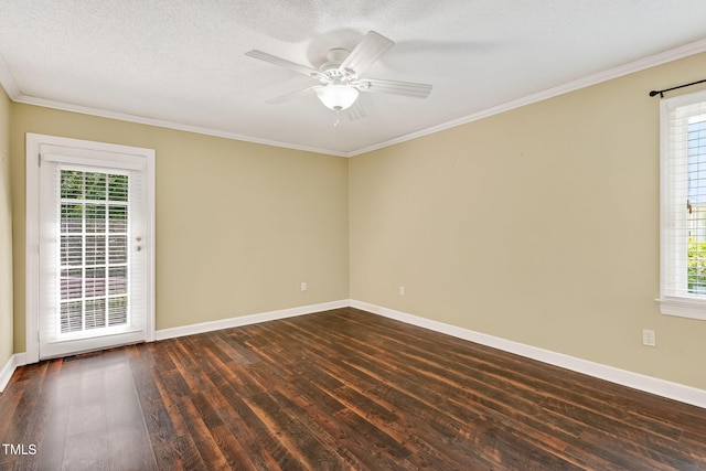 116 Seminole Dr, Louisburg, NC 27549 - empty room featuring dark wood-type flooring, healthy amount of natural light, ornamental molding, a ceiling fan, and a textured ceiling