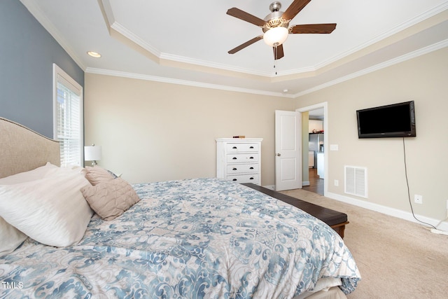 141 Vibernum Vw, Four Oaks, NC 27524 - bedroom featuring a raised ceiling, crown molding, carpet flooring, recessed lighting, and ceiling fan