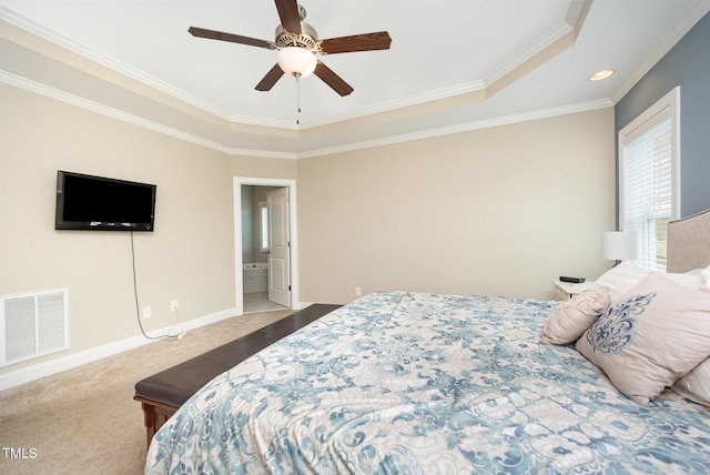 141 Vibernum Vw, Four Oaks, NC 27524 - bedroom with a raised ceiling, ornamental molding, carpet, ensuite bathroom, and ceiling fan