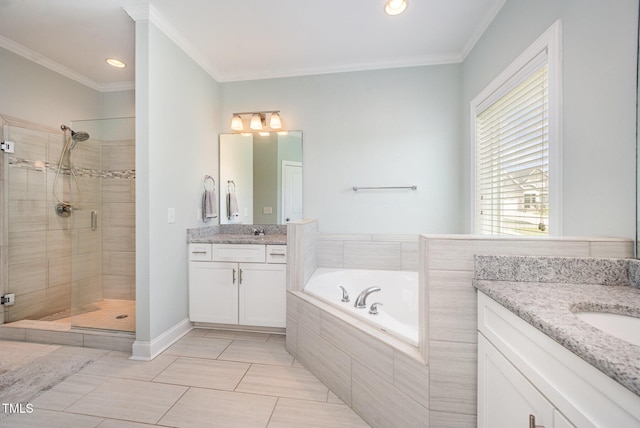 141 Vibernum Vw, Four Oaks, NC 27524 - bathroom with a stall shower, a garden tub, two vanities, crown molding, and recessed lighting