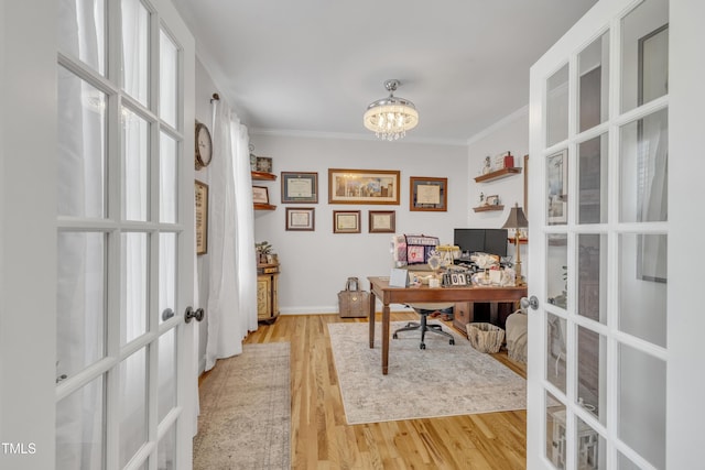 126 Gwendolyn Way, Fuquay Varina, NC 27526 - home office featuring french doors, ornamental molding, light wood finished floors, and a chandelier