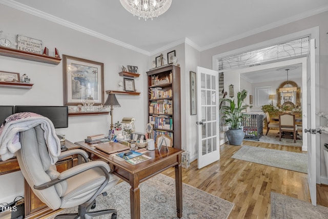 126 Gwendolyn Way, Fuquay Varina, NC 27526 - office featuring french doors, wood finished floors, a chandelier, and crown molding