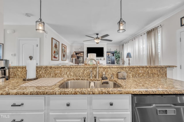 126 Gwendolyn Way, Fuquay Varina, NC 27526 - kitchen featuring dishwasher, a ceiling fan, crown molding, white cabinets, and decorative light fixtures