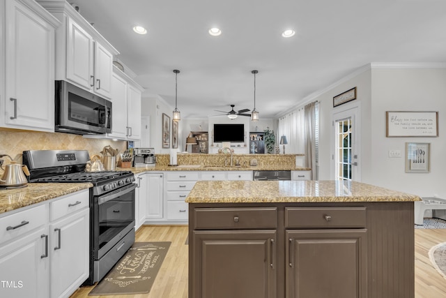 126 Gwendolyn Way, Fuquay Varina, NC 27526 - kitchen featuring stainless steel appliances, a ceiling fan, crown molding, light wood-style floors, and white cabinetry
