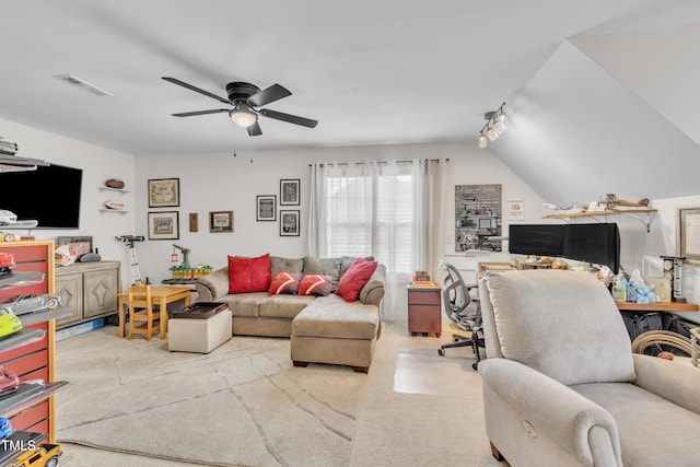 126 Gwendolyn Way, Fuquay Varina, NC 27526 - living room with a desk, a ceiling fan, and carpet