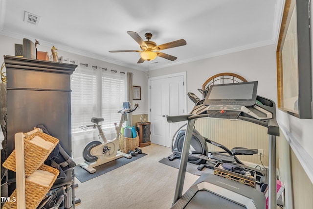 126 Gwendolyn Way, Fuquay Varina, NC 27526 - workout room with ceiling fan, carpet flooring, and crown molding