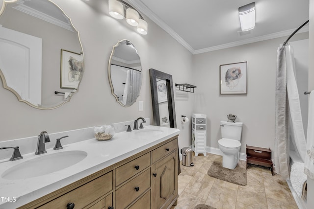 126 Gwendolyn Way, Fuquay Varina, NC 27526 - bathroom featuring double vanity, crown molding, and a shower with curtain